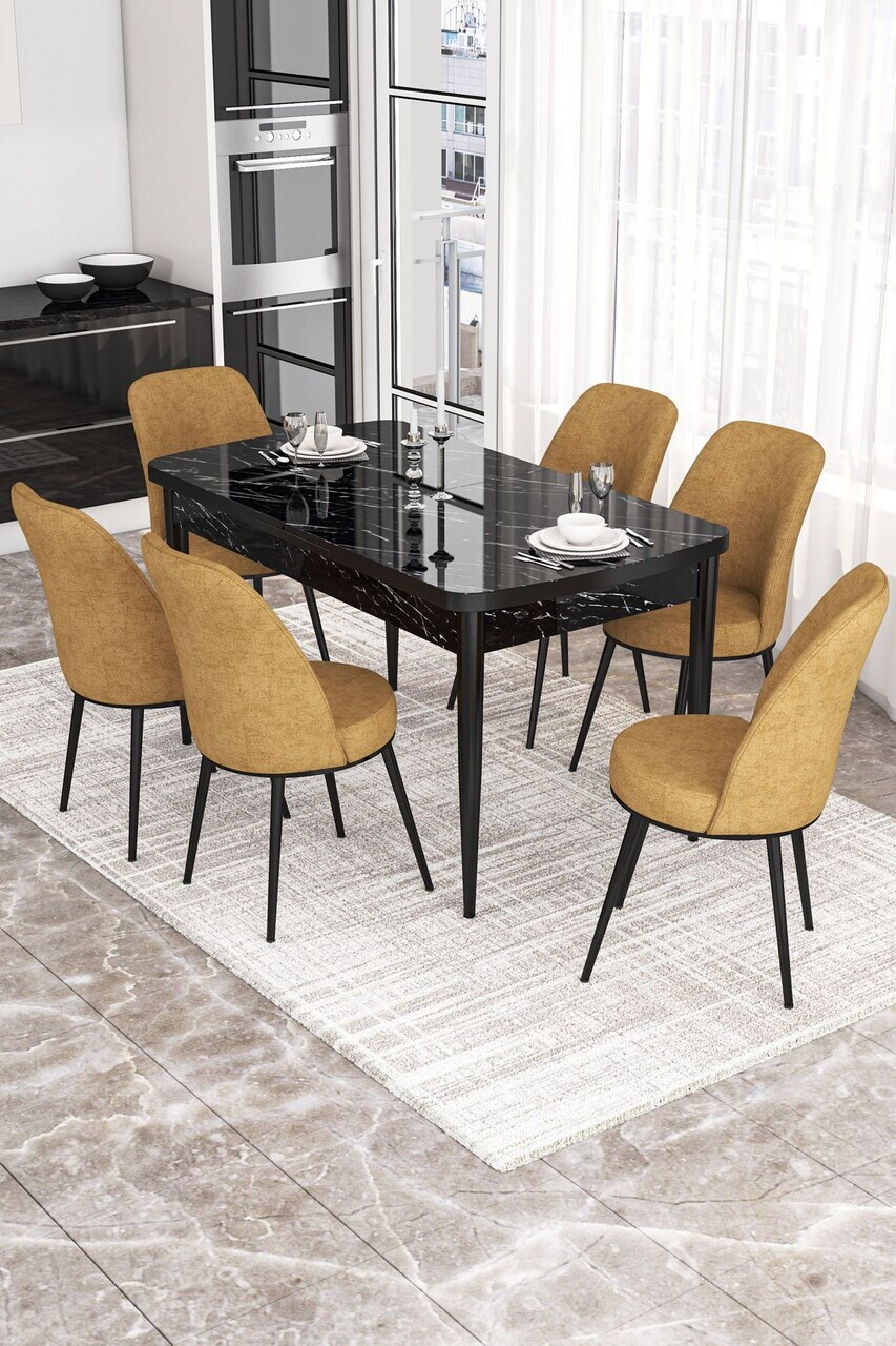 Set masa extensibila si scaune (7 piese), Hanah Home, Kor, Model de marmură neagră / Cappuccino