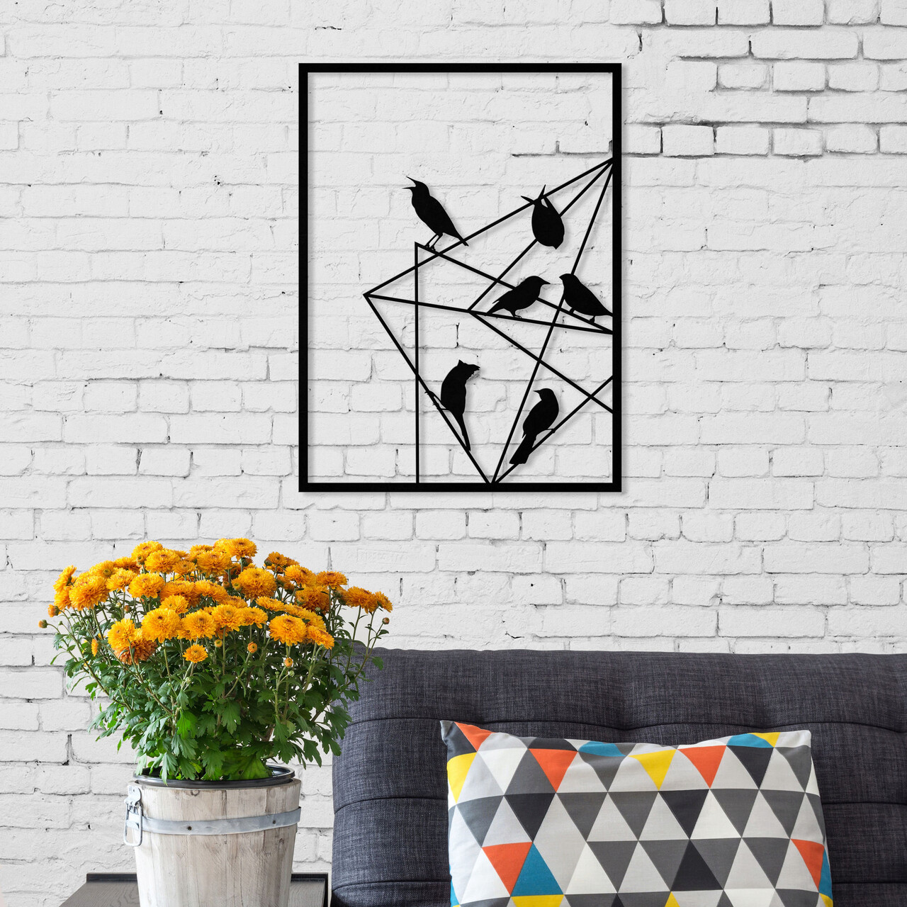 Decoratiune de perete, Birds On Wire, Metal, Dimensiune: 37 x 49 cm, Negru
