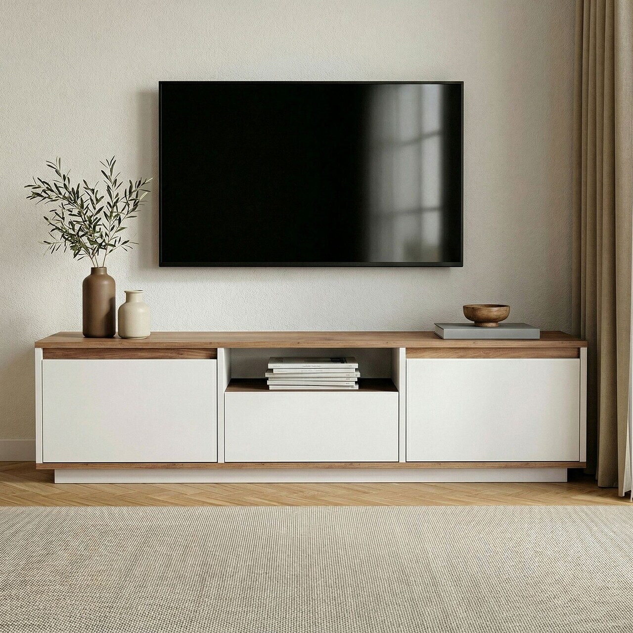 Comoda TV, Hanah Home, Sentinel, 160x42x30 cm, PAL, Pin Atlantic / Alb — imaginea 2