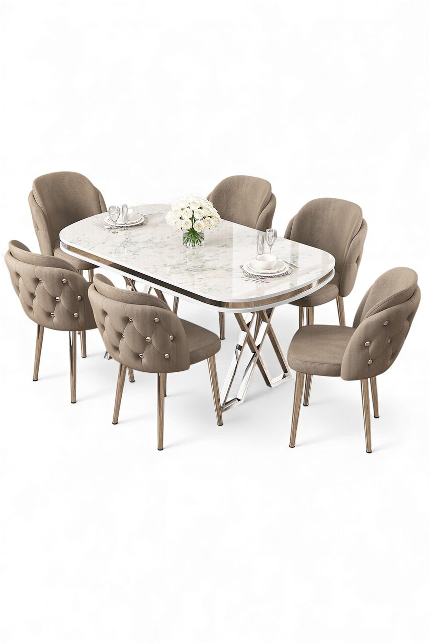 Set masă și scaune (7 piese), Hanah Home, Zae, Marmură albă / Crom / Cappuccino - view 2