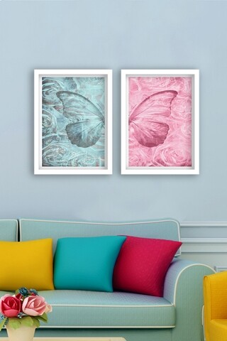 Set 2 tablouri decorative butterfly blue/pink, tablo center, 34x44 cm, mdf, multicolor