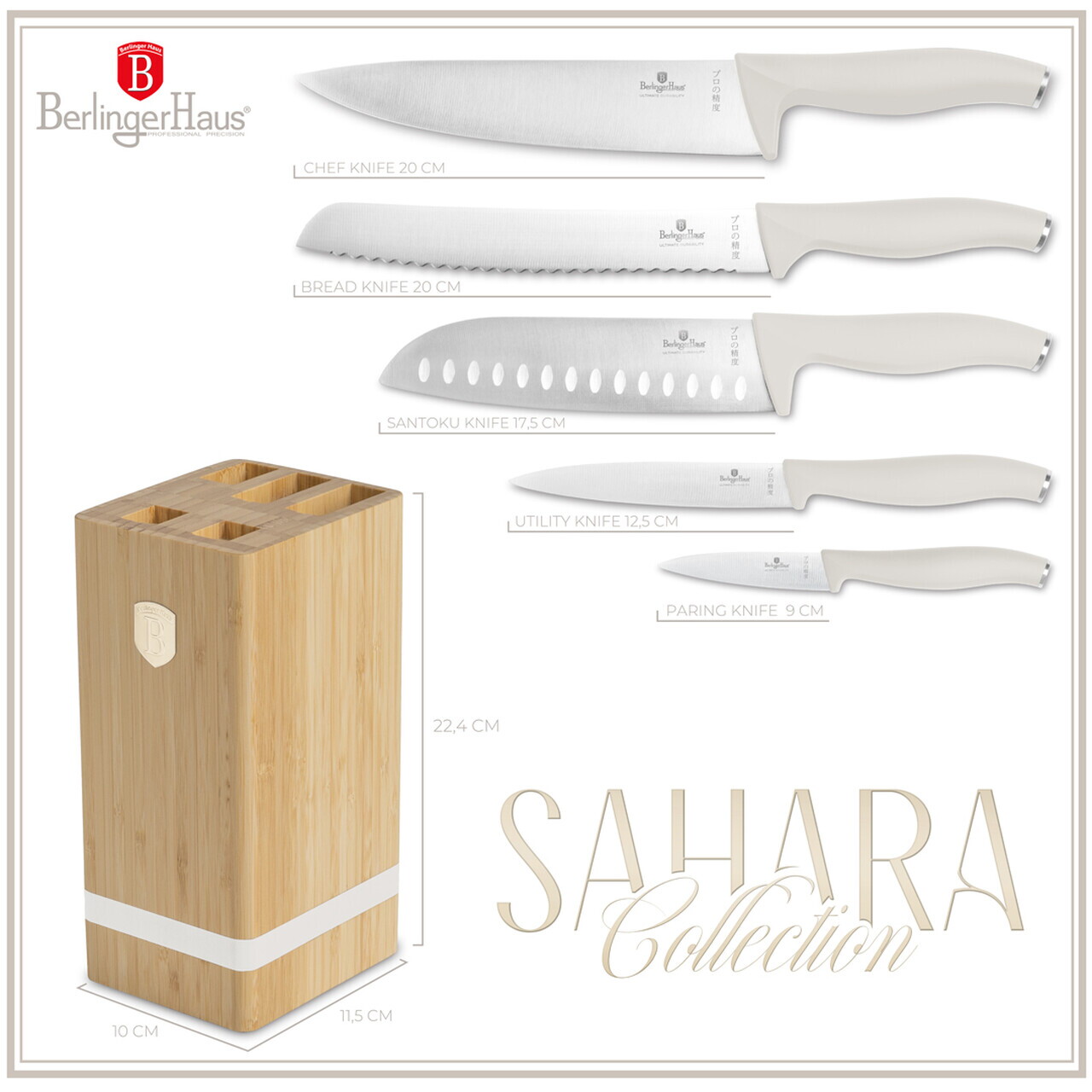 Set 5 cutite cu suport patrat Berlinger Haus, Sahara, inox/bambus, crem mat/natur - imagine 12