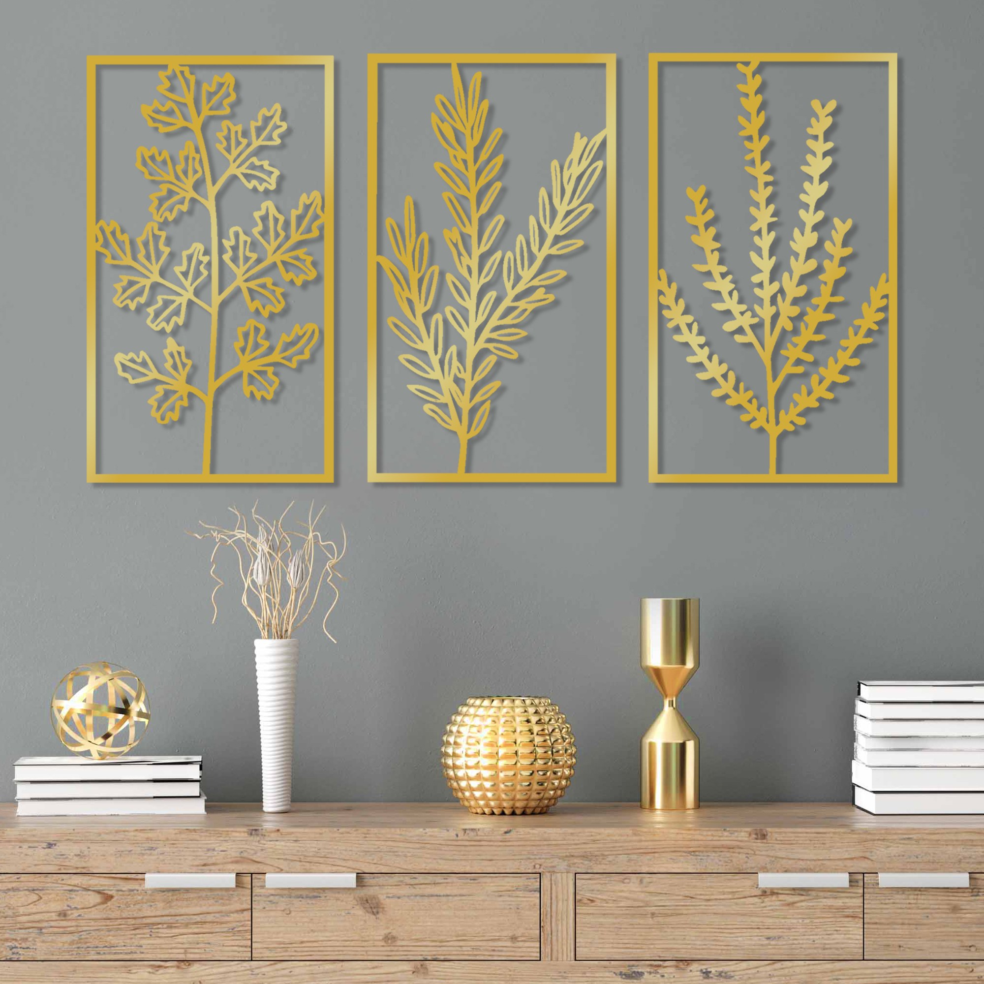 Decoratiune de perete, Golden Triple Flowers 4, 40 x 70 cm, 3 piese, Auriu