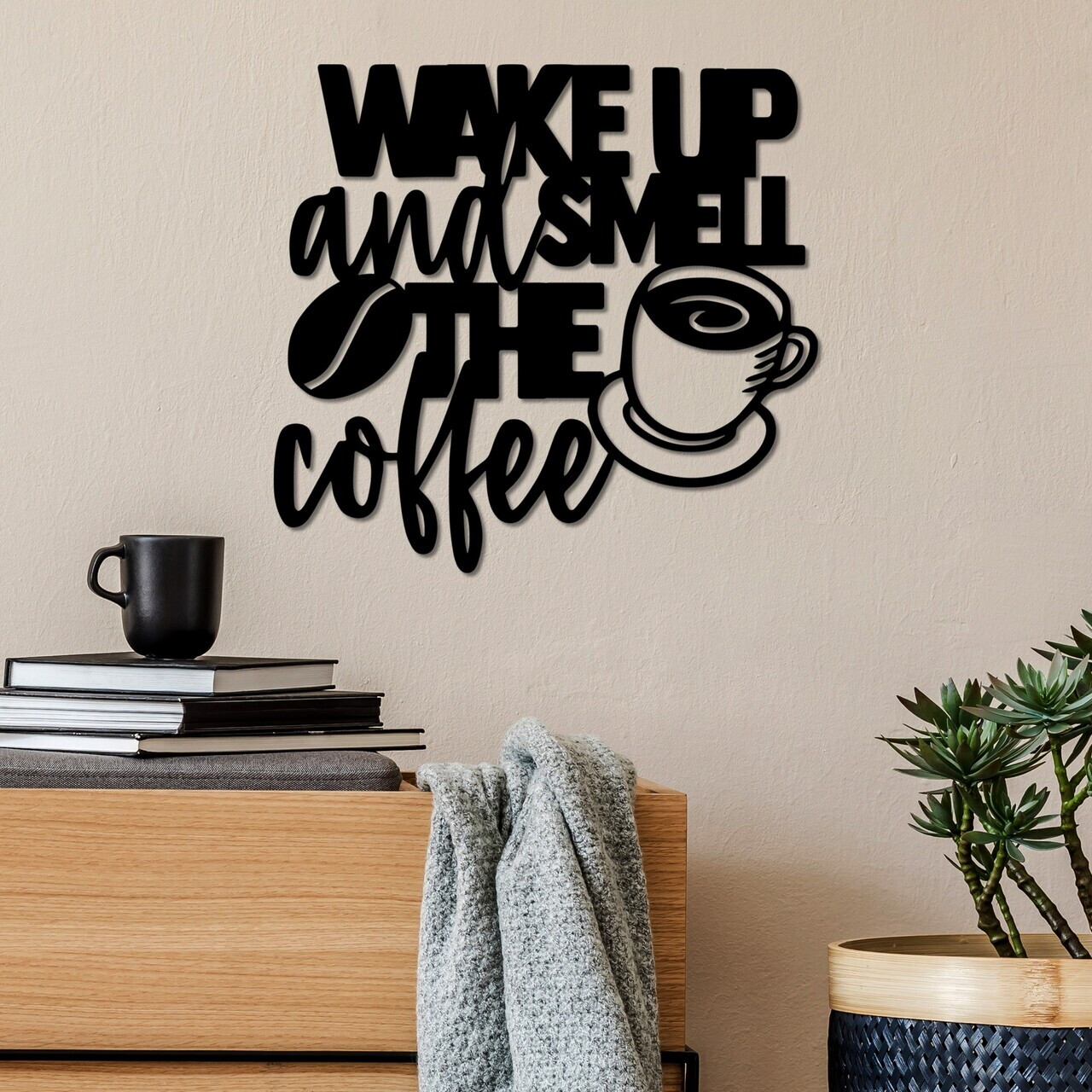 Decoratiune de perete, Wake up Coffee, Dimensiuni: 52 x 48 cm , Negru — imaginea 2