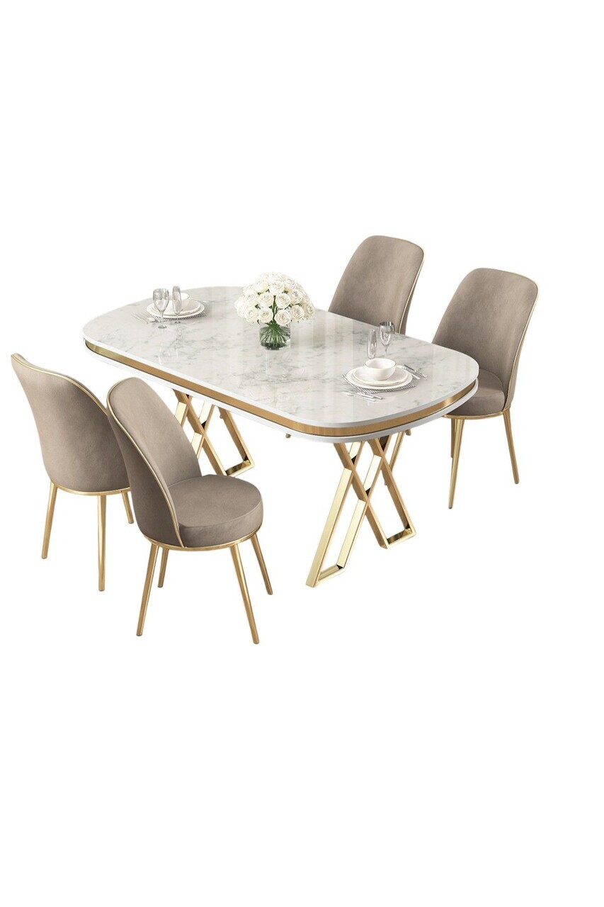 Set masa si scaune (5 piese), Hanah Home, Lai, Model de marmură albă / Auriu / Cappuccino — imaginea 2