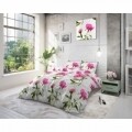 Lenjerie de pat dubla Sunshine Flowers White, Sleeptime,  3 piese, 200 x 220 cm, 80% bumbac, roz si alb