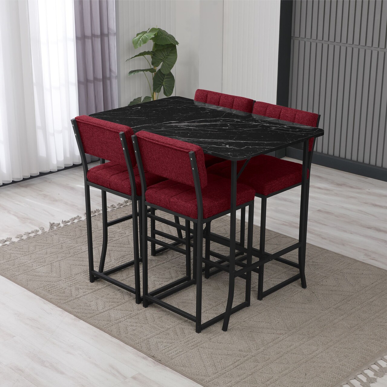Set masa si 4 scaune de bar, Hanah Home, Retro, Burgundiu / Negru - imagine 2