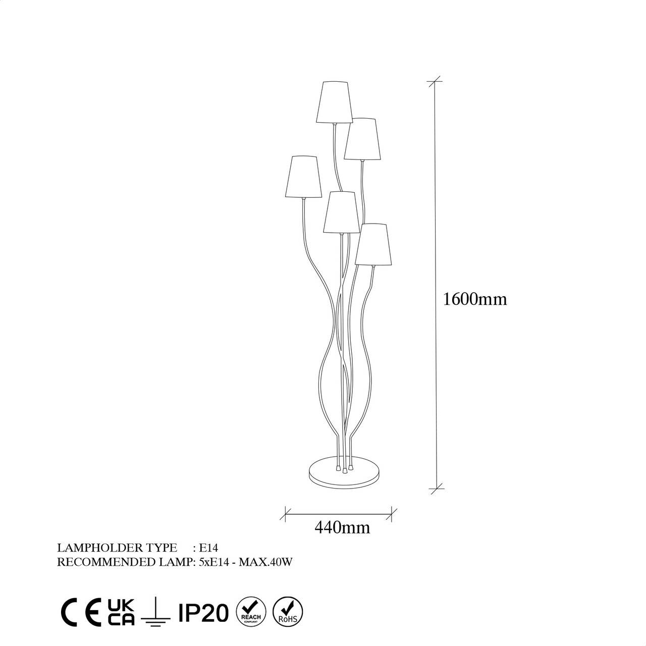 Lampadar, Bonibon - 13234, Fulgor, 44 X 44 X 160 Cm, 5 X E14, 40W, Negru/alb