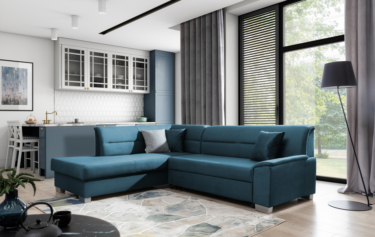 Coltar extensibil stanga 4 locuri ELTAP, BR48, Bergen, 247x214x83 cm, lemn/poliester, albastru - 1 | YEO