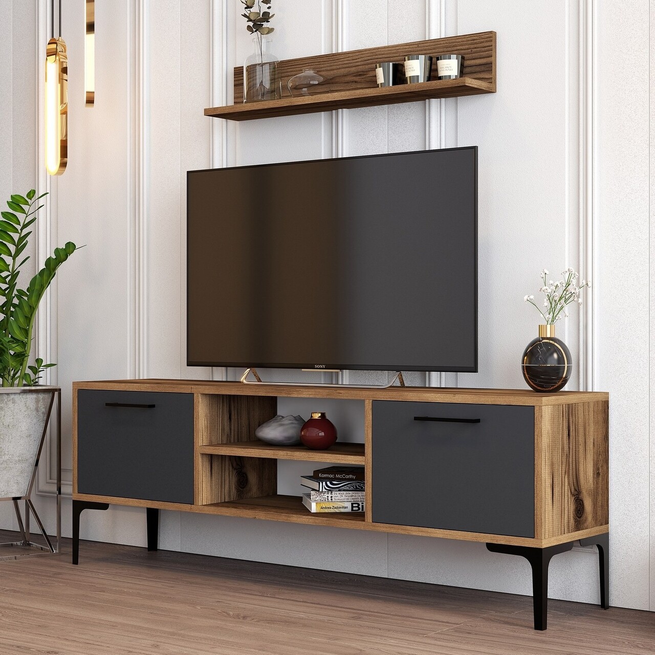 Comoda TV, Hanah Home, Riga, 140x48x30 cm, Nuc / Antracit - imagine 2