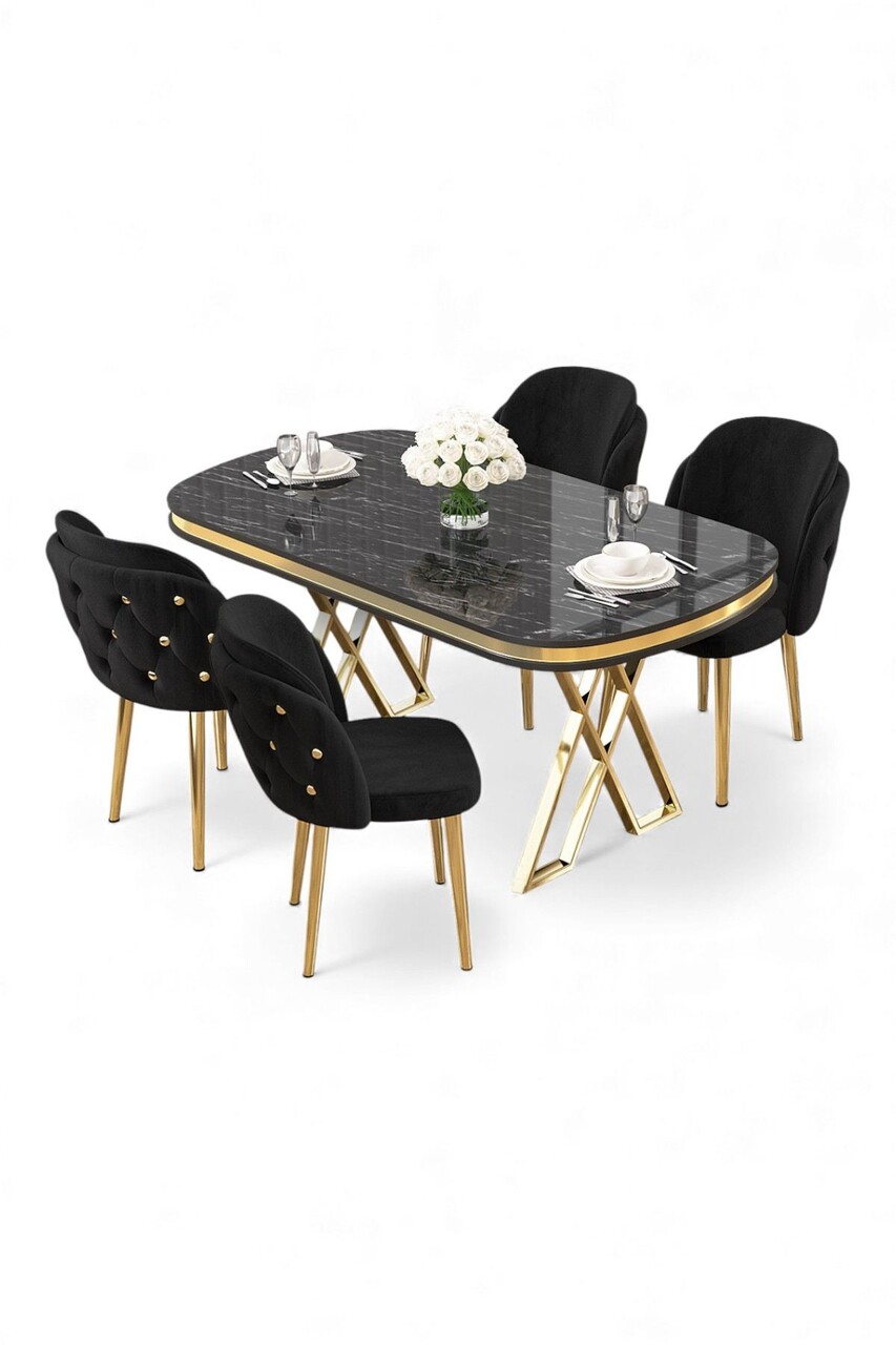 Set masă și scaune (5 bucăți), Hanah Home, Zae, Marmură neagră / Auriu / Negru - view 2