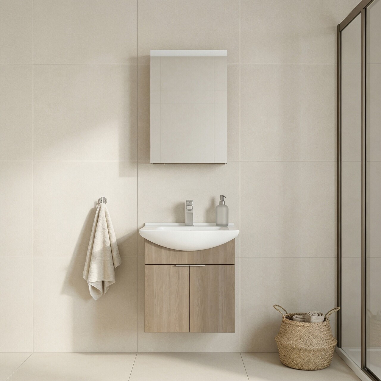 Set Dulap de Baie cu Chiuvetă și Oglindă (2 Piese), Hanah Home, Purus 55, Stejar