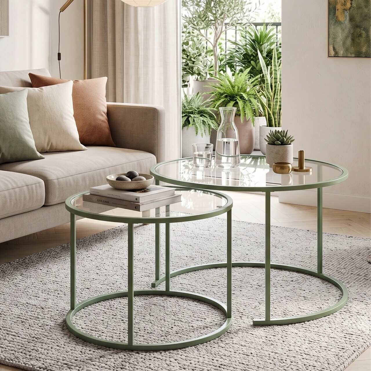 Set masute de cafea, Hanah Home, Mint-Trs-80-60-Nrd-Srk, Sticla temperata, Verde menta — imaginea 2