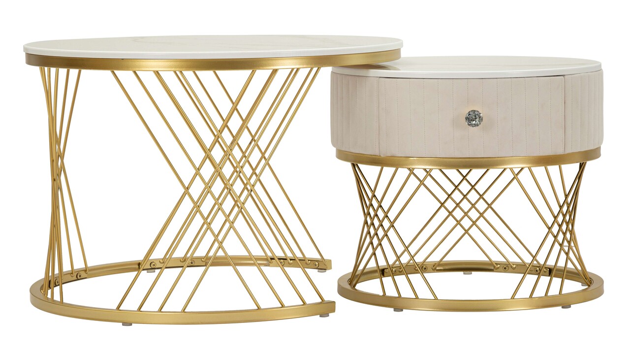 Set 2 masute de cafea Votix, Mauro Ferretti, 70x48 cm, 50x43.5 cm, lemn de pin/MDF/metal, crem/auriu