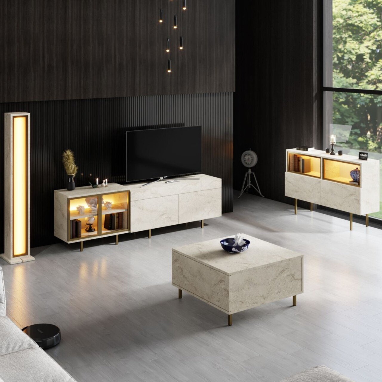 Comoda TV, Hanah Home, Vienna, 190x57x37 cm, Travertin / Auriu - view 5