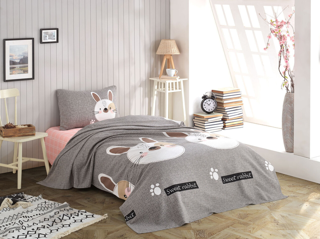 Set cuvertura pique dubla 3 piese, Tavşancık, Eponj Home, Bumbac