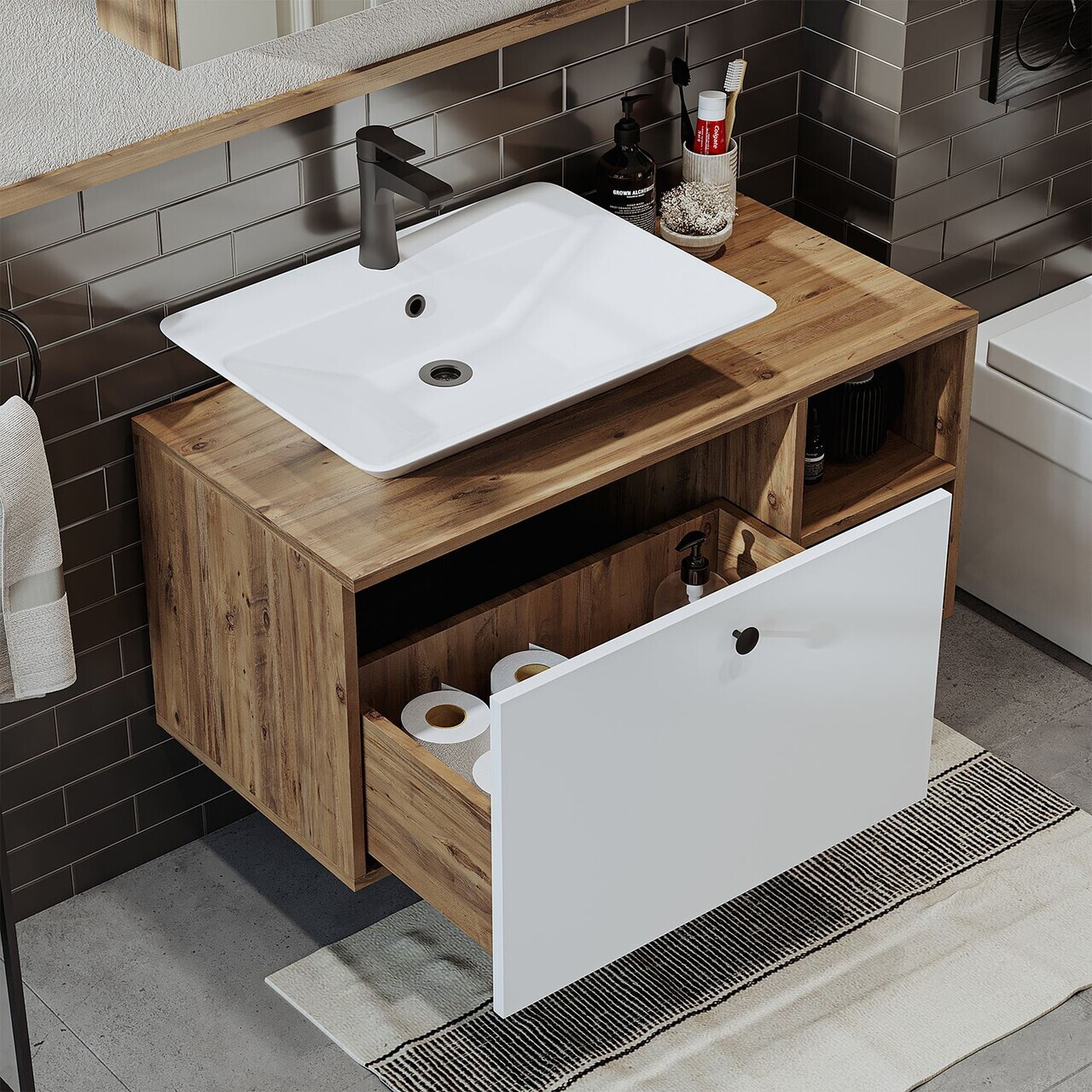 Dulap de baie cu chiuvetă, Hanah Home, 2457, MDF, Pin Atlantic / Alb — imaginea 4