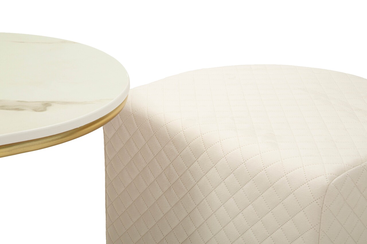 Set masuta de cafea si 2 taburete, Mauro Ferretti, Relax, 79x45x44 cm, lemn de pin/poliester, alb/auriu - imagine 5