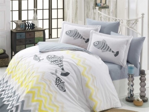 Lenjerie de pat dubla, 4 piese, 100% bumbac poplin, Hobby, Ocean Yellow, multicolor