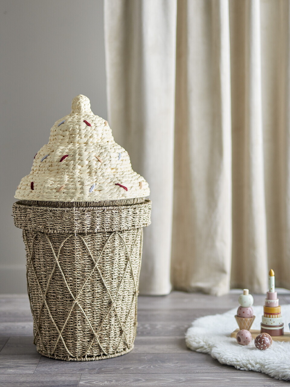 Cos cu capac, Bloomingville, Cillie, 40x72 cm, iarba de mare impletita/otel, natural - imagine 3