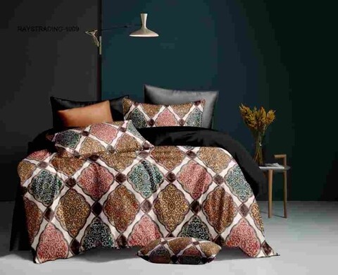 Lenjerie de pat dubla, king size, 4 piese, bs007, policoton, multicolor