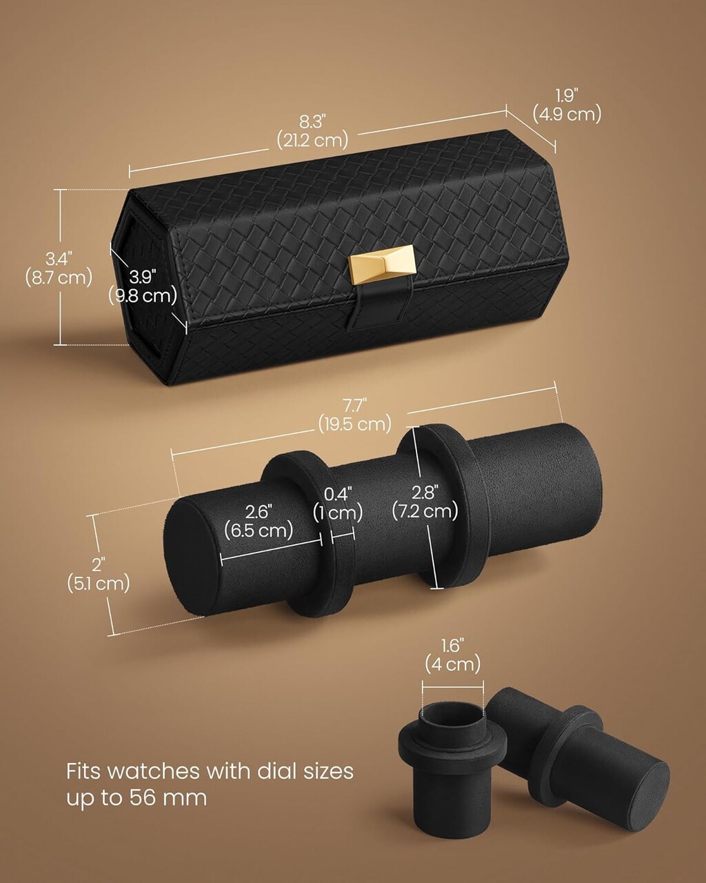 Cutie de voiaj pentru ceasuri Ronne Travel, Songmics, 20x11x9 cm, 3 compartimente, piele ecologica/metal, negru/gri - 1 | YEO
