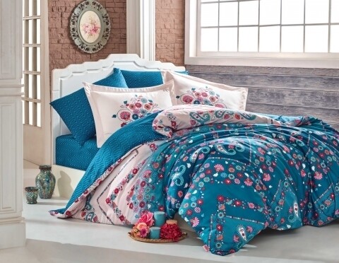 Lenjerie de pat dubla, 6 piese, 240x260 cm, 100% bumbac satinat, Hobby, Sancha Brown-Blue, multicolora
