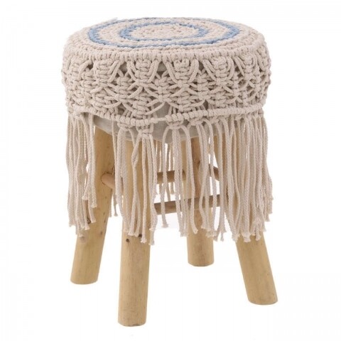Taburet InArt Macrame Ecru Natural, 30 x 42 cm, lemn de mesteacan/poliester, ecru/albastru