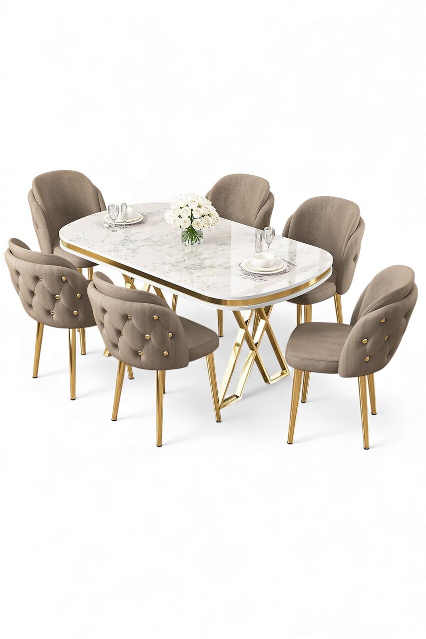 Set masă și scaune (7 piese), Hanah Home, Zae, Marmură albă / Auriu / Cappuccino - view 2