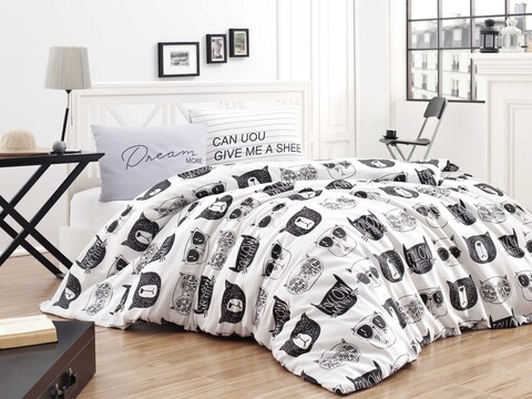 Lenjerie de pat dubla King (EU) (ES), 3 piese, Melone – Black, White, Acasă EnLora, 65% bumbac/35% poliester EnLora Home