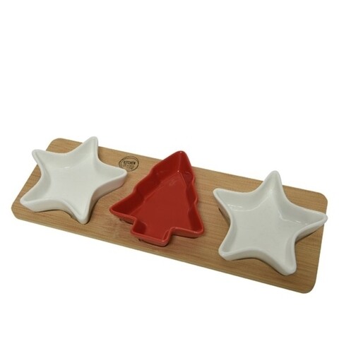 Set 3 boluri si platou pentru servire Tree and Star, Decoris, 33x12x3.5 cm, lemn de bambus/gresie