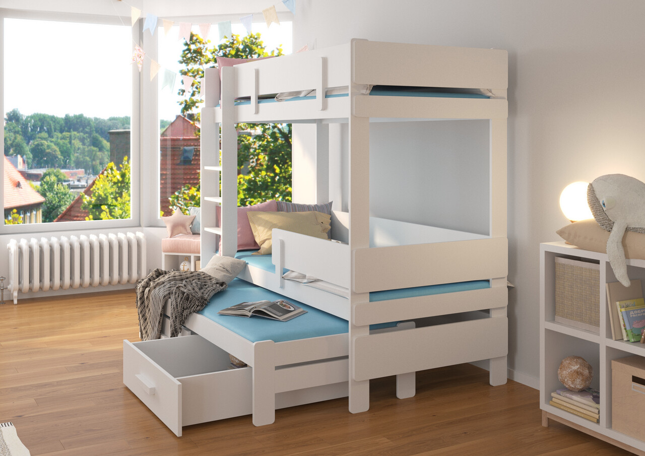 Pat supraetajat pentru camera copilului cu saltea, 80x180 cm, ADRK, Etapo, cu 2 sertare, 3 locuri, lemn de pin, alb/truffle — imaginea 4