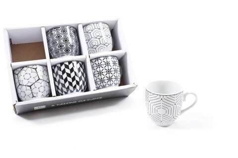 Set 6 cesti geometric, mercury, ceramica, alb/negru
