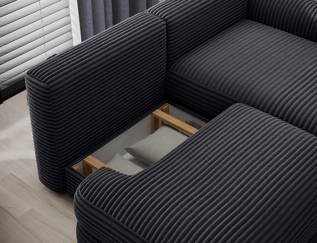 Coltar extensibil dreapta 3 locuri ELTAP, Ripeli, 217x175x96 cm, lemn/catifea din poliester, negru — imaginea 7