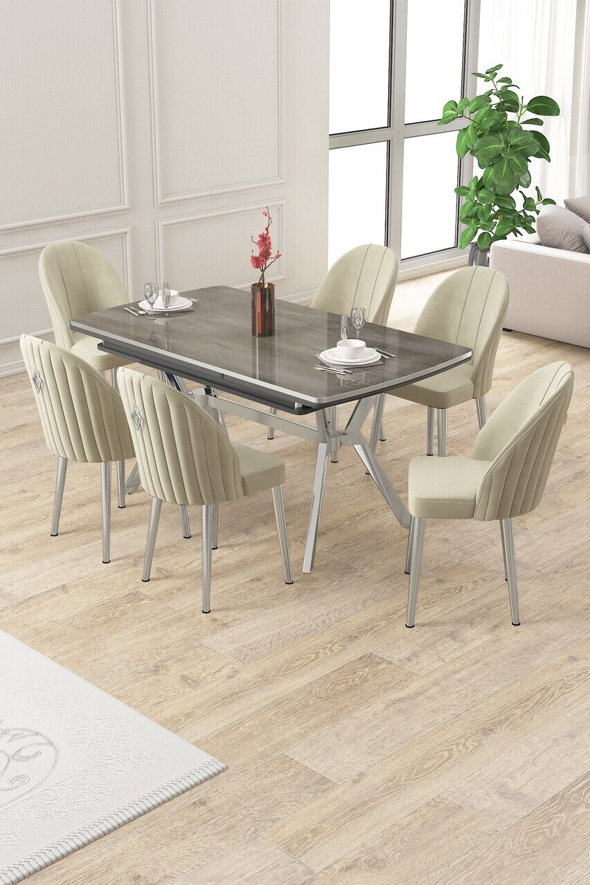 Set masa extensibila si scaune (7 piese), Hanah Home, Sim, Antracit / Crom / Crem