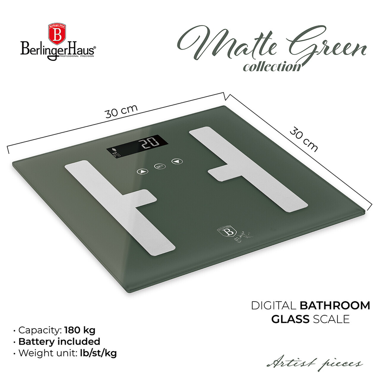 Cantar digital pentru baie Berlinger Haus, Matte Green, 30x30 cm, max 180 kg, sticla temperata, verde mat - imagine 5