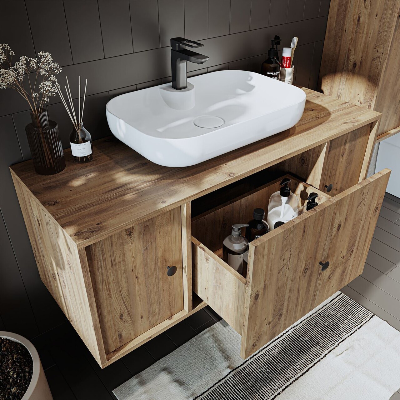 Set Dulap de Baie cu Chiuvetă și Oglindă (3 Piese), Hanah Home, 2577, MDF, Maro — imaginea 5