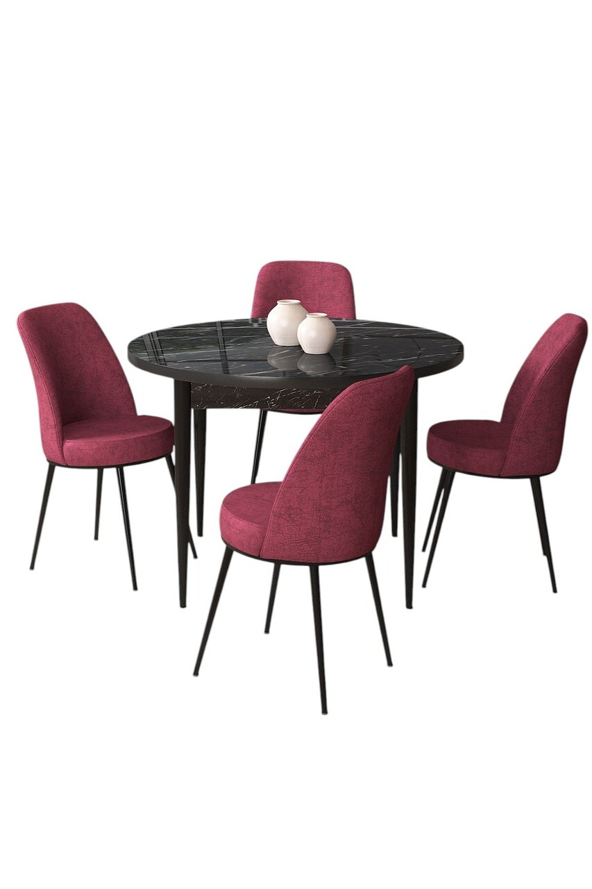 Set masă și scaune (5 bucăți), Hanah Home, Tor, Marmură neagră / Burgundia - view 2