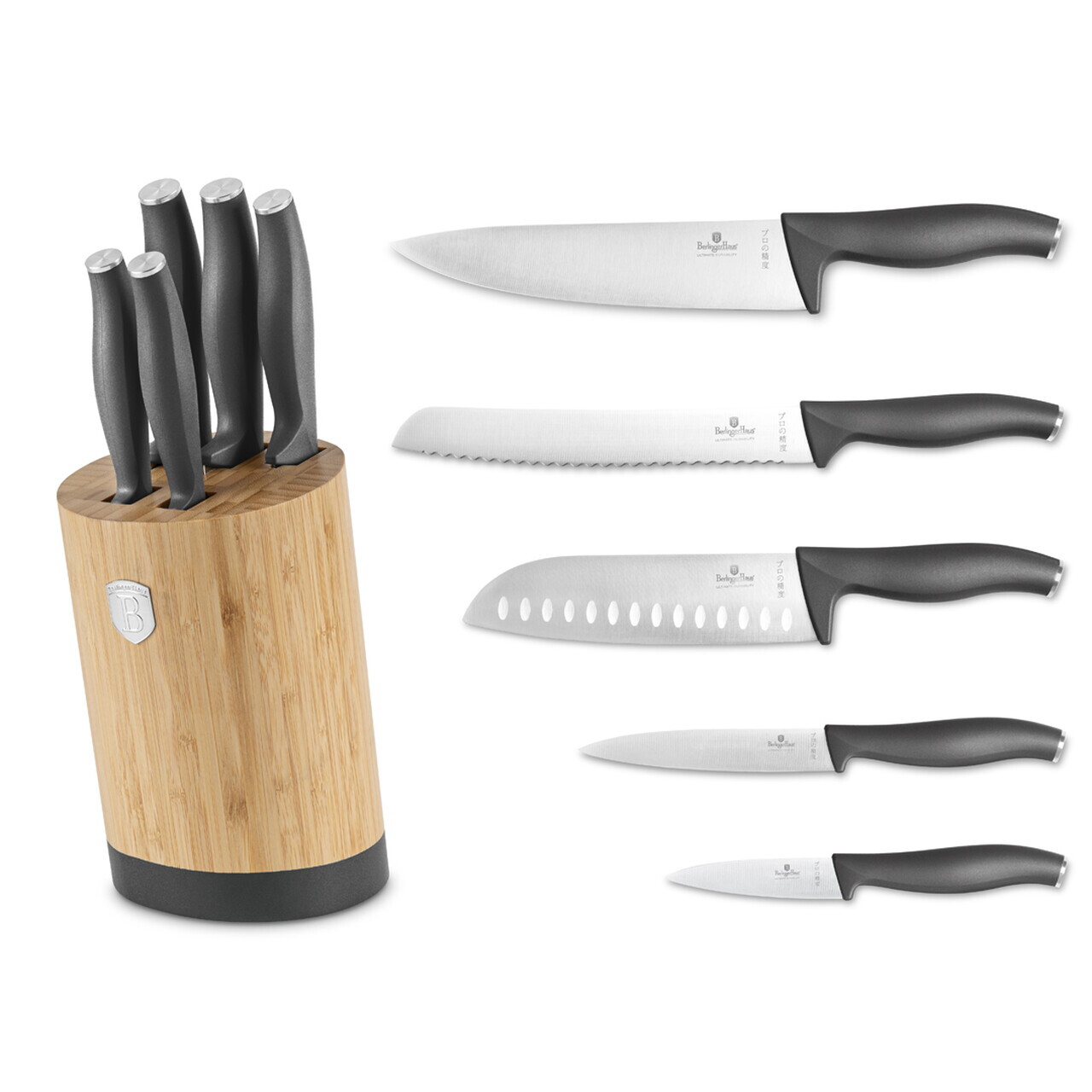 Set 5 cutite cu suport rotund Berlinger Haus, Anthracite, inox/bambus, antracit mat/natur - imagine 10