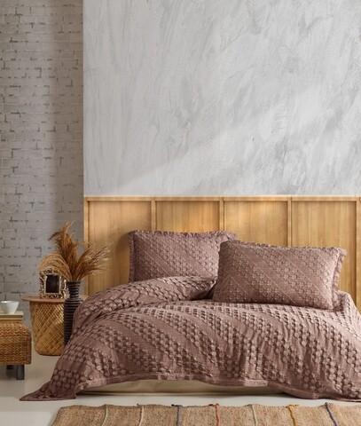 Set cuvertura de pat dubla Pique, 3 piese, 220x240 cm, 100% bumbac Jacquard, Saheser, Enza, bej