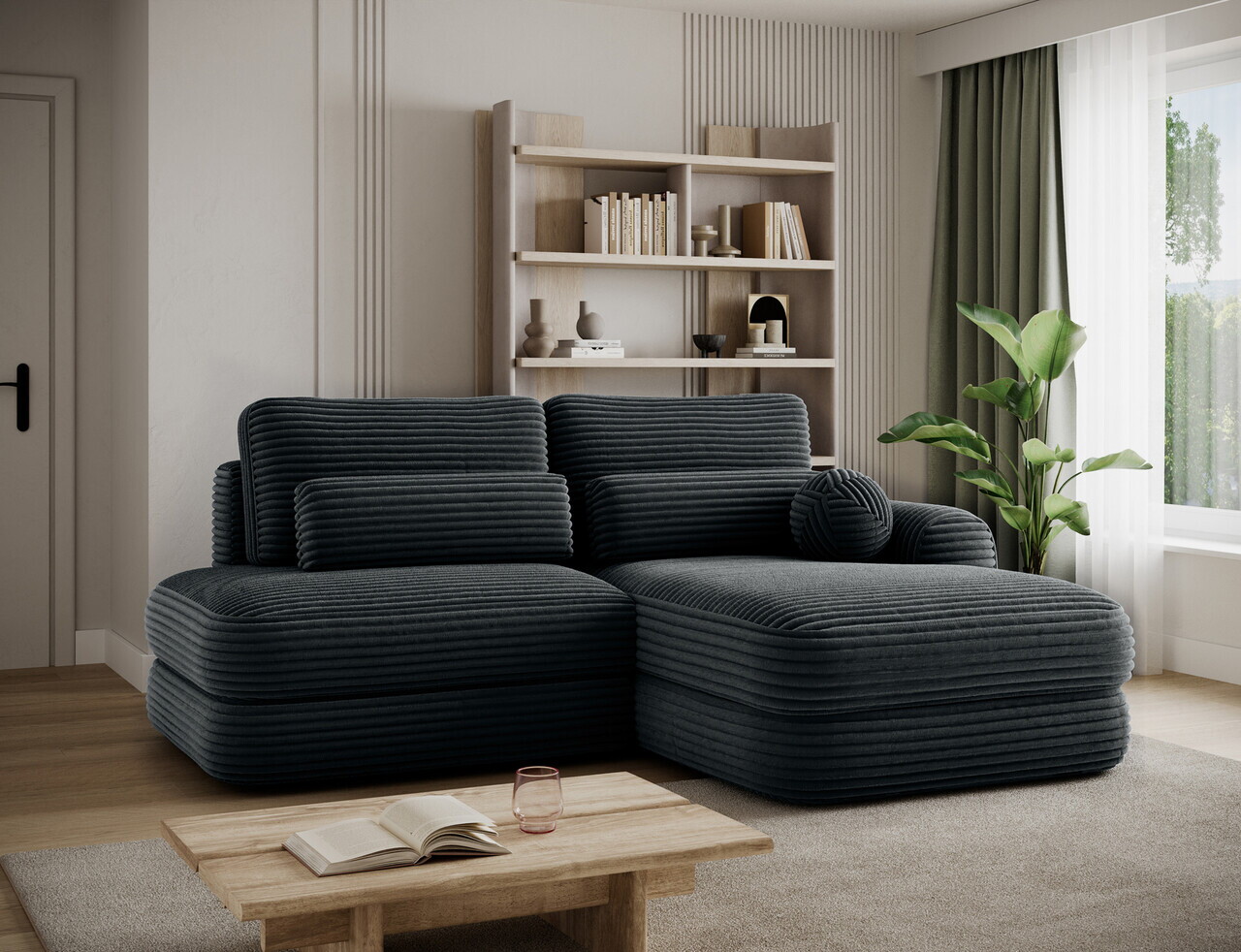 Coltar extensibil dreapta 3 locuri ELTAP, Ripeli, 217x175x96 cm, lemn/catifea din poliester, verde inchis — imaginea 2