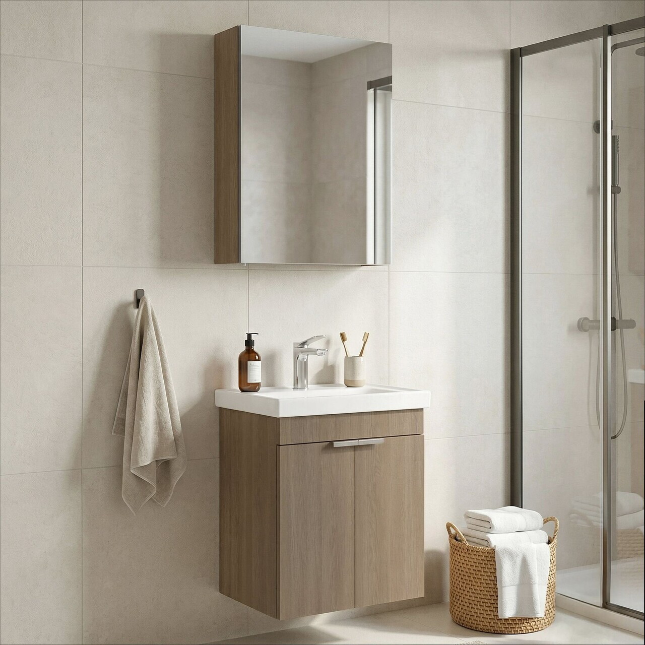 Set Dulap de Baie cu Chiuvetă și Oglindă (2 Piese), Hanah Home, Desna 50, Stejar