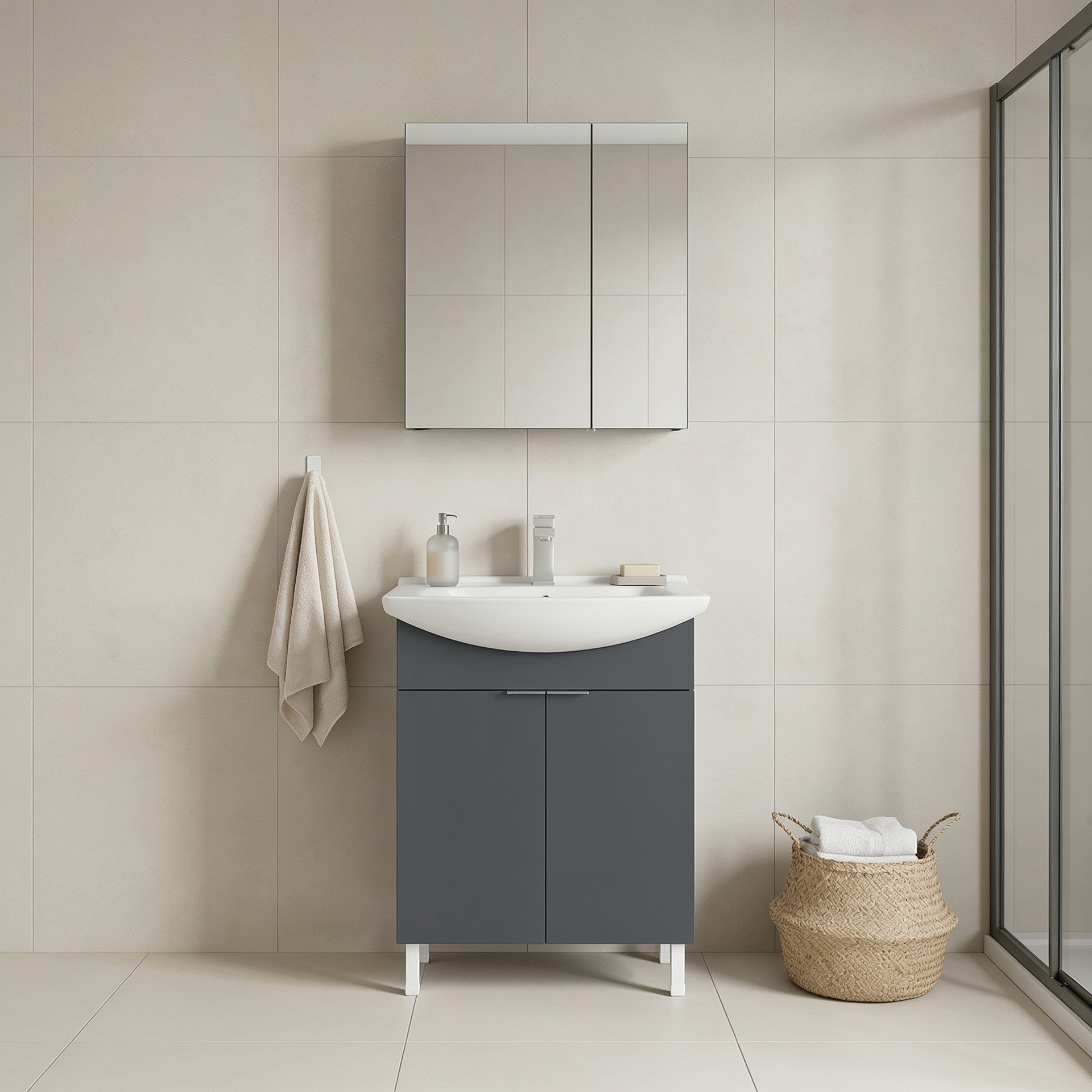 Set Dulap de Baie cu Chiuvetă și Oglindă (2 Piese), Hanah Home, Purus 65, Antracit mat