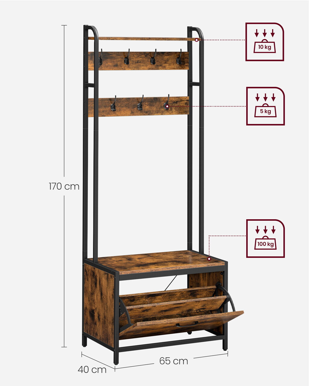 Cuier cu bancheta si pantofar, Industrial Style, Vasagle, 65x40x170 cm, PAL/otel, maro rustic — imaginea 6
