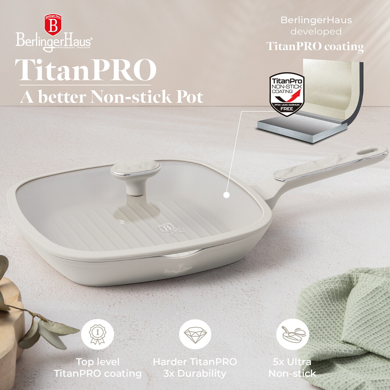 Tigaie grill cu capac Berlinger Haus, Sahara Marble, 28 cm, 2.1 L, aluminiu forjat, crem mat/marmura - imagine 6