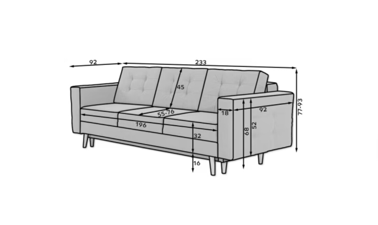 Canapea extensibila 3 locuri ELTAP, Ask11, Asgard, 233x92x93 cm, lemn/poliester, gri deschis