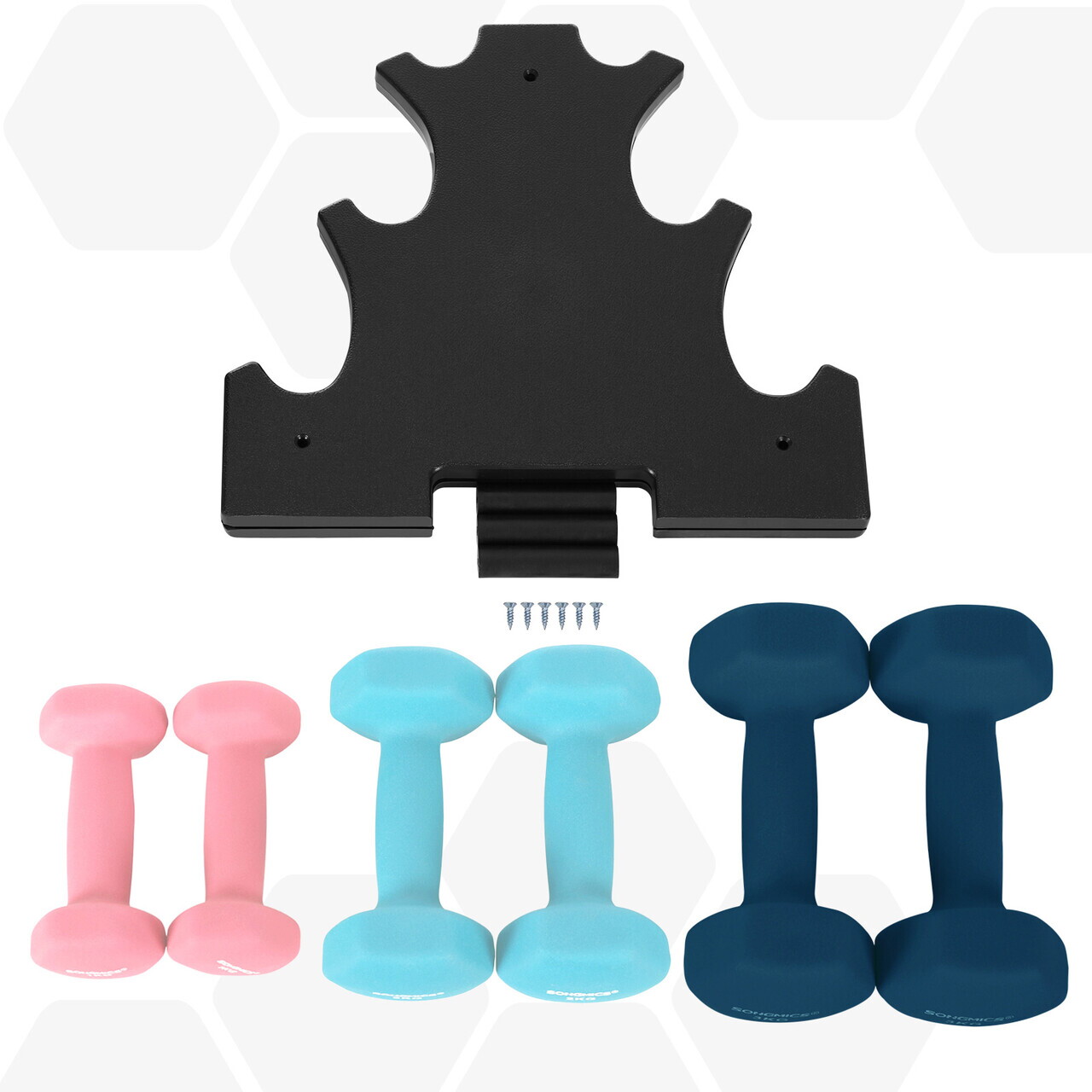Set gantere fitness 6 piese cu suport, 2 x 1 kg + 2 x 2 kg + 2 x 3 kg, Songmics, neopren, roz/aqua/albastru - imagine 3