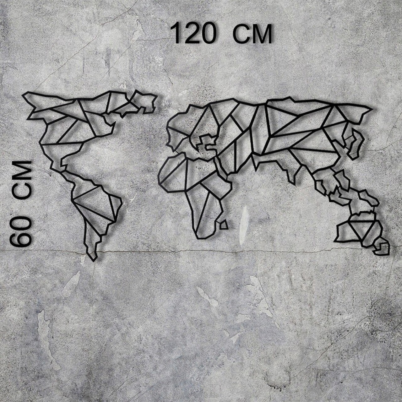 Decoratiune de perete, World Map, Metal, Dimensiune: 60 x 120 cm, Negru