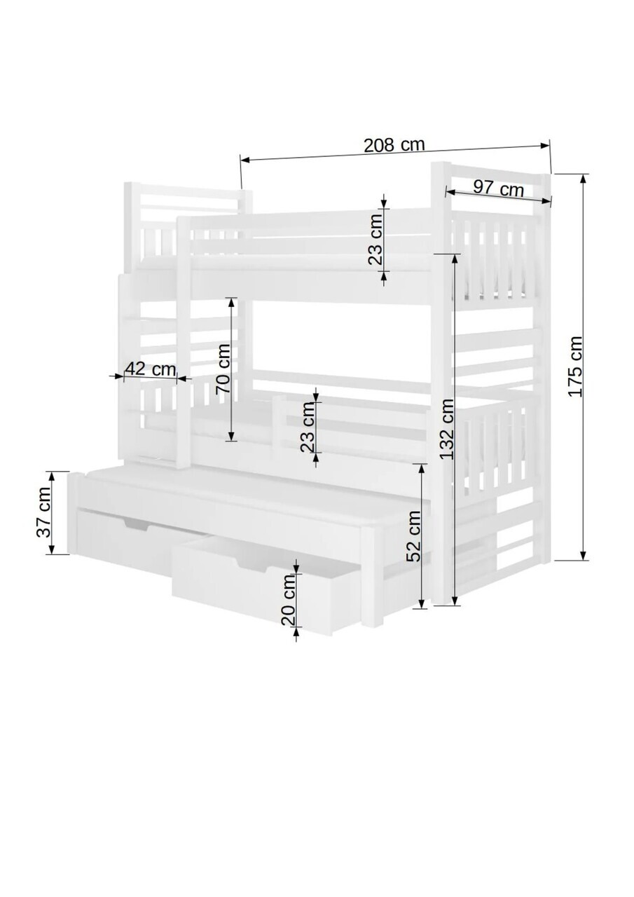 Pat supraetajat pentru camera copilului cu saltea, 90x200 cm, ADRK, Hippo, cu 2 sertare, 3 locuri, lemn de pin, alb — imaginea 4