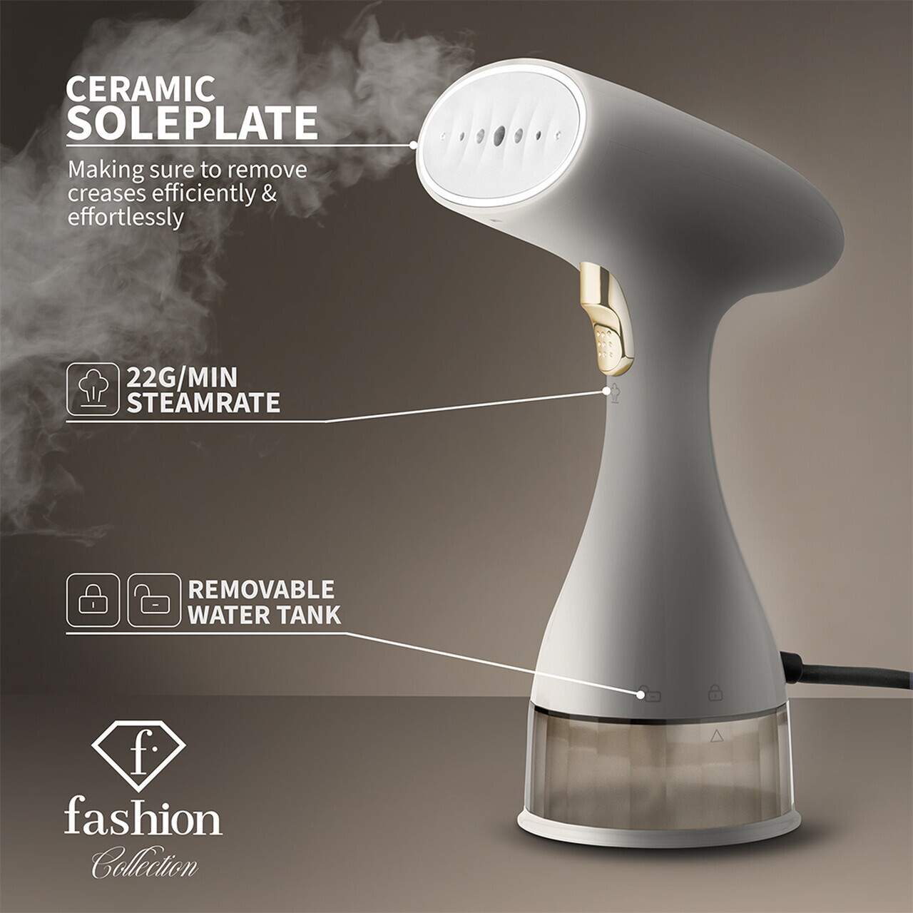 Aparat de calcat cu aburi Fashion TV, Matte Cream-Gold, 1500W, 220 ml, invelis ceramic, crem - imagine 6